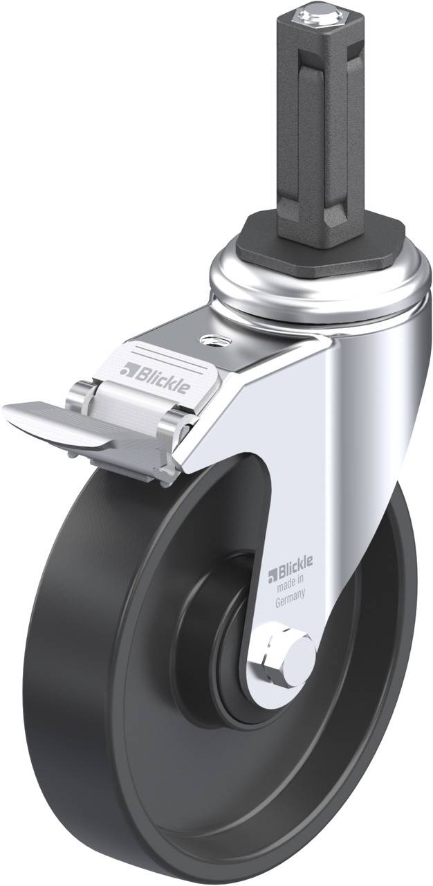 Industrijska okretna kotačica od metala i plastike sa sivom kočnicom. Podesiva za upotrebu u transportnim i namještajnim uređajima.
