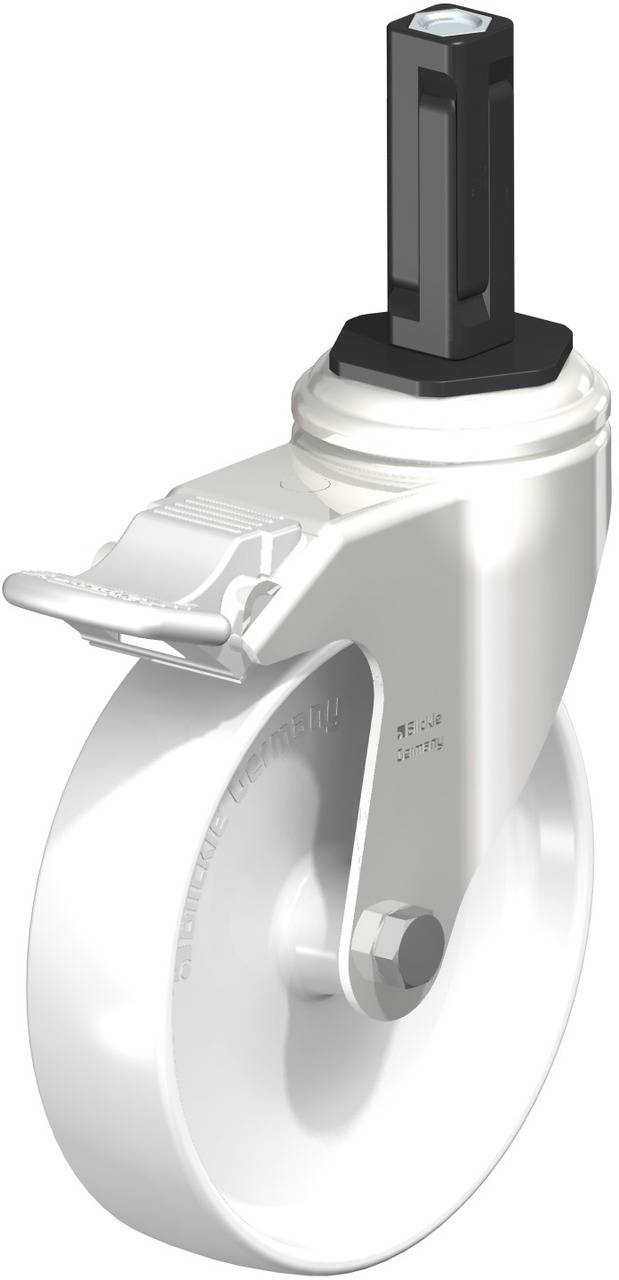 Bijela kotačica za namještaj s kočnicom i pravokutnom osnovom za učvršćivanje, pogodna za upotrebu na kabinetskom namještaju ili uređajima.