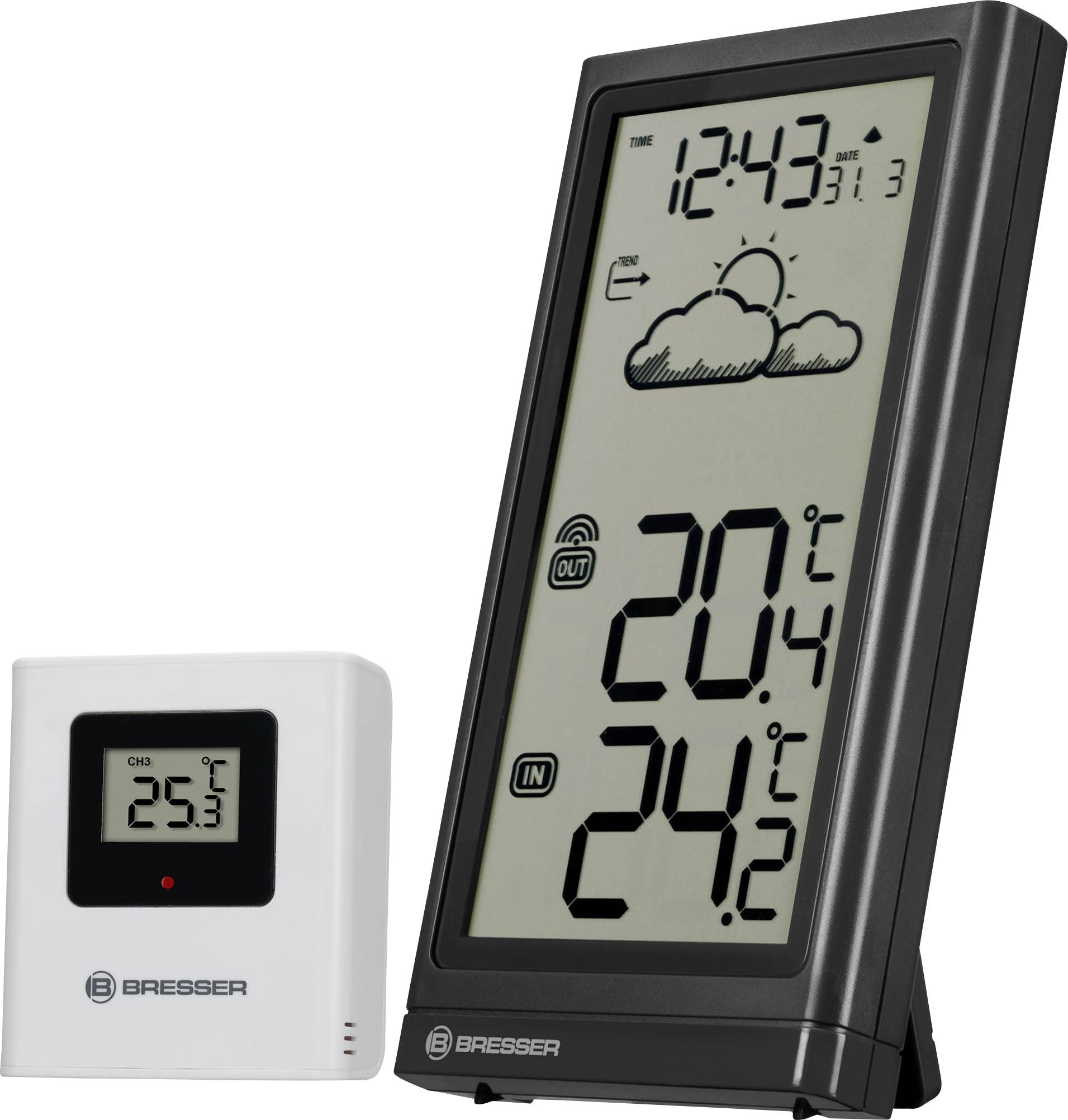 Crno-bijeli digitalni prikaz vremenske stanice pokazuje unutarnju temperaturu od 24,2°C i vanjsku temperaturu od 20,1°C, sa ikonama oblaka.