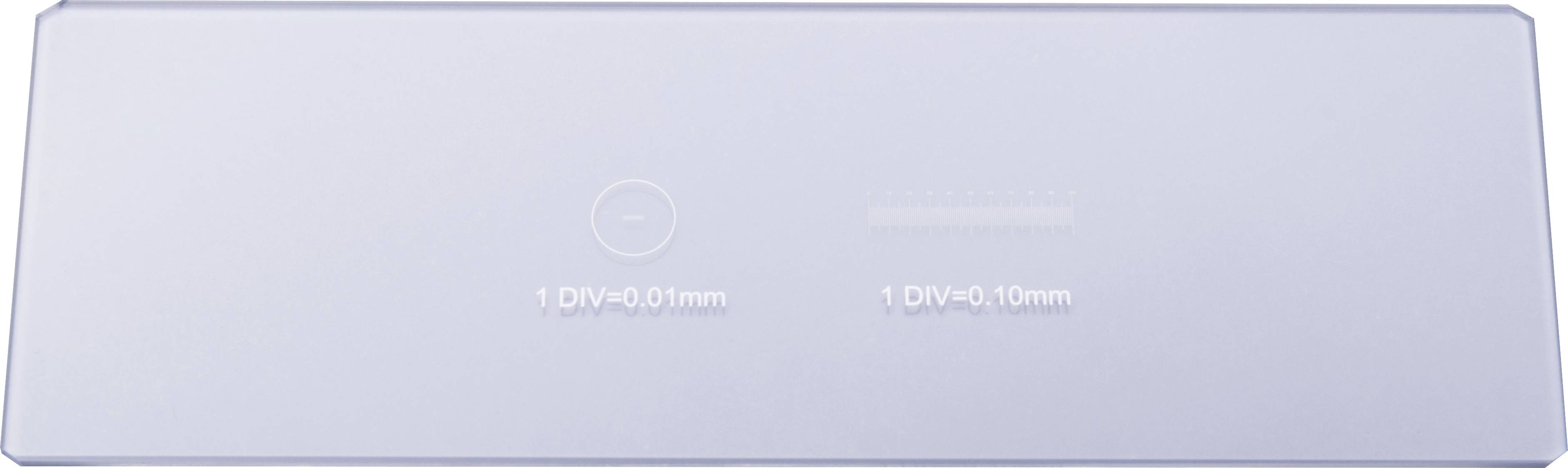 Pravokutna srebrna ploča s dvije oznake: lijevo '1 DIV=0,01mm', desno '1 DIV=0,10mm', vjerojatno oznake mjera.