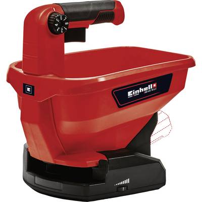 Einhell akumulatorski rasipač u crvenoj boji s ergonomskom ručkom i kotačićem za podešavanje količine rasipanja. Spreman za upotrebu s različitim materijalima.