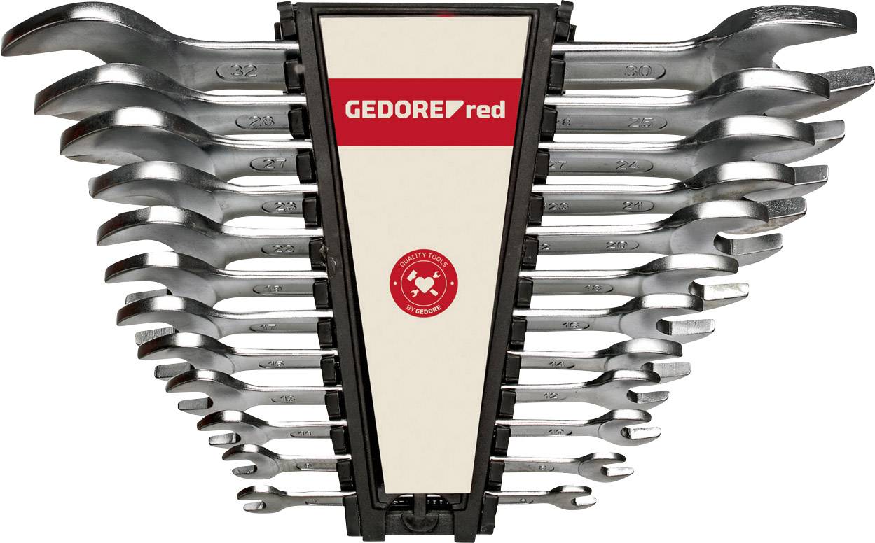 Set od četrnaest kombiniranih ključeva različitih veličina, organiziranih u nosaču, obilježen sa 'GEDORE red'.