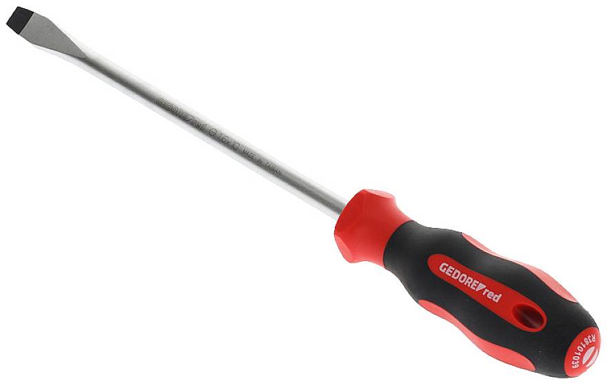 Odvijač s ravnim nastavkom s crvenom i crnom ručkom, obilježen natpisom 'GEDORE red'. Drška je metalna i ravna.