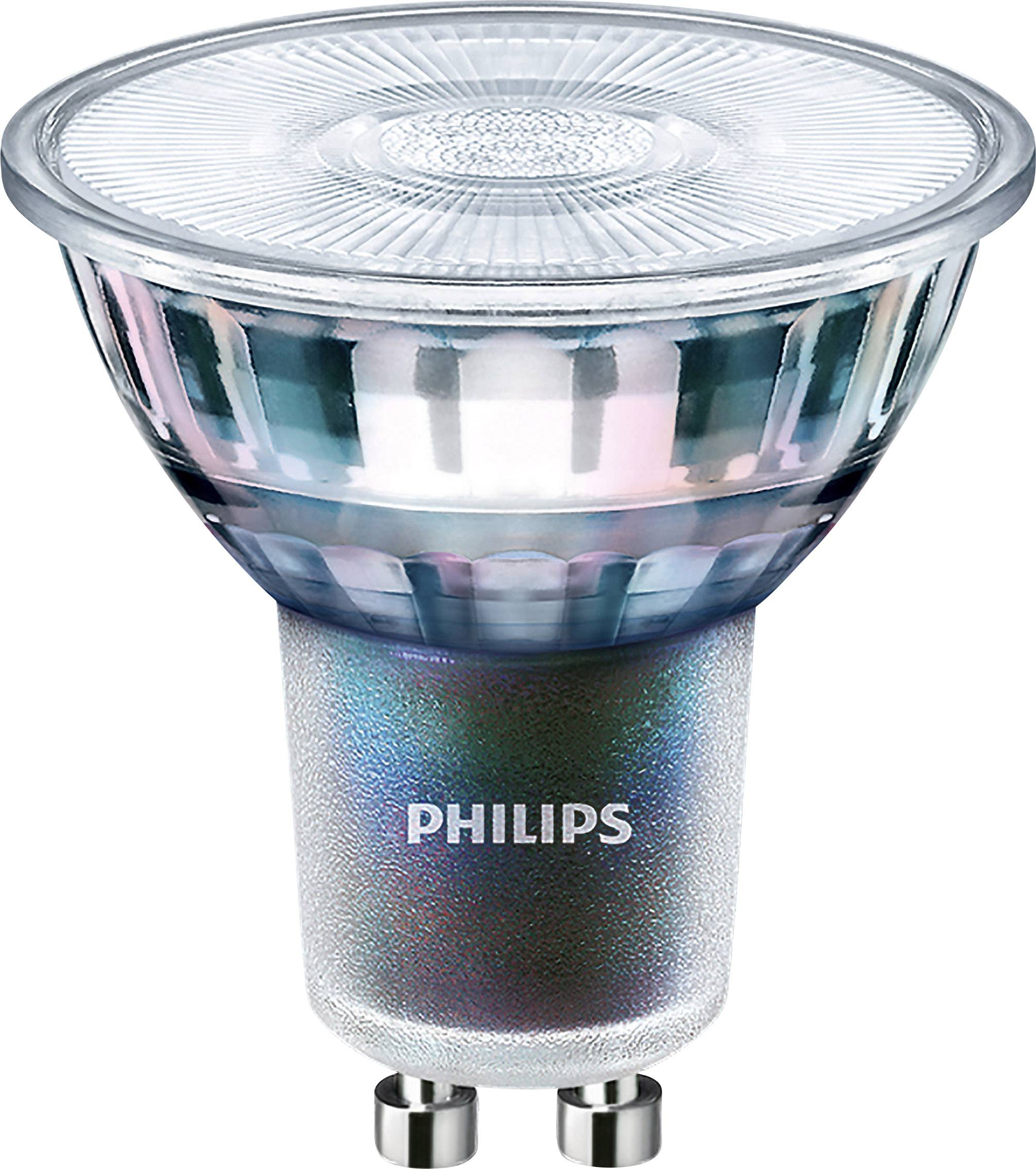 Philips GU10 LED žarulja s blistavo, reflektirajućom površinom, pogodna za energetski učinkovito osvjetljenje u stambenim prostorima.