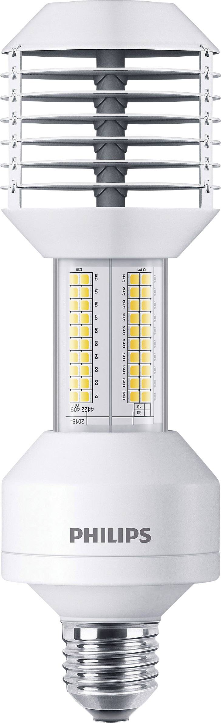 Elektronička lampa cilindričnog oblika, s natpisom marke 'Philips', sastoji se od vertikalnih LED traka i zaštitne rešetke na vrhu.