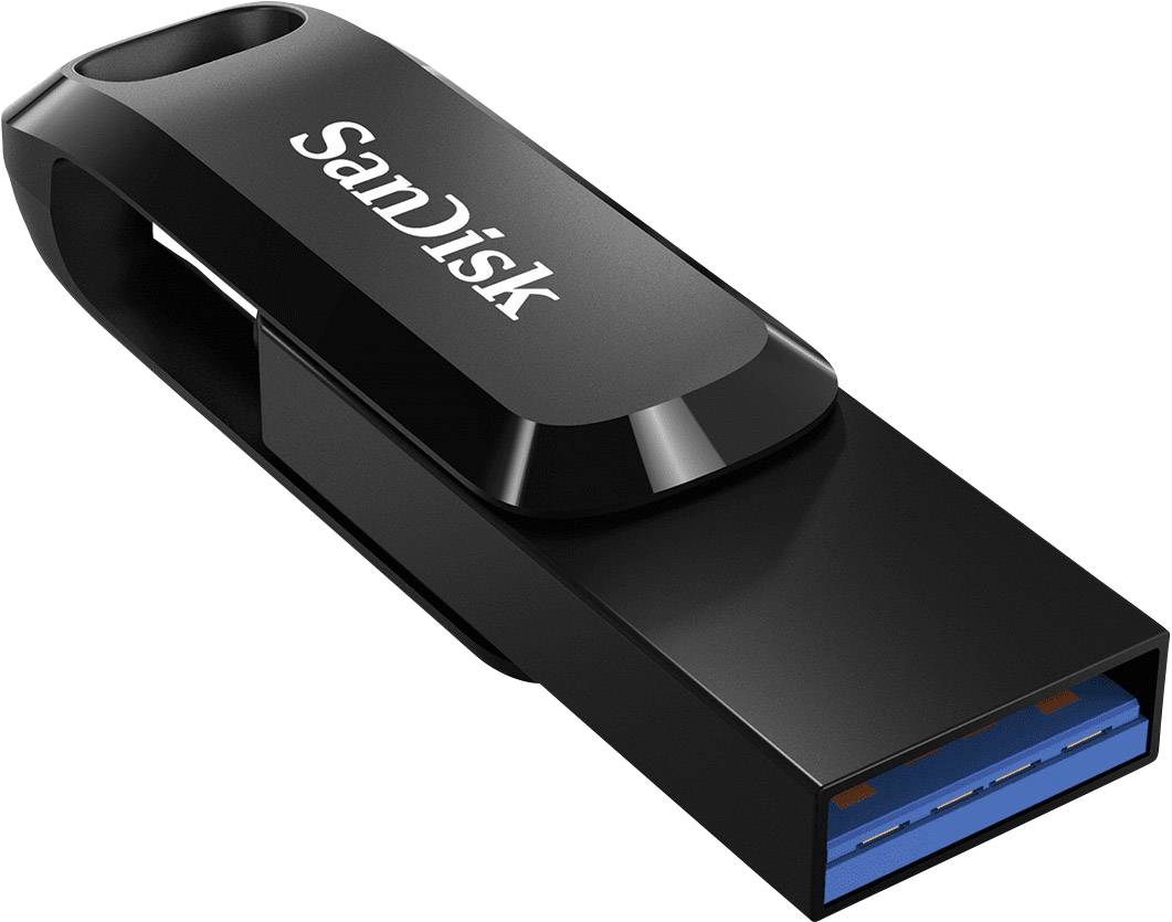 Prikazan je crni USB stick marke SanDisk s plavim USB-A priključkom.
