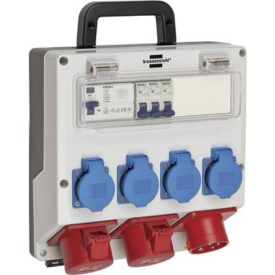 Prijenosna kutija za električne instalacije s ručkom, prozirnom zaštitom za prekidač i više plavih i crvenih utičnica za napajanje.