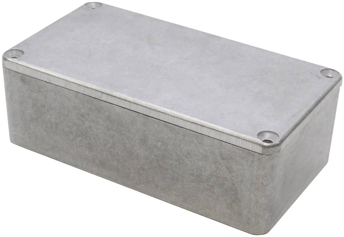 Pravokutno, sivo metalno kućište sa četiri vidljive vijčane točke na uglovima.