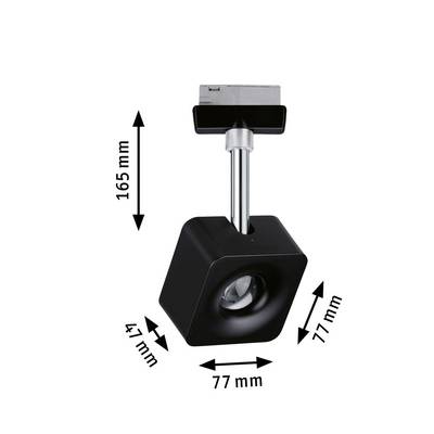 Crni stropni reflektor s kvadratnim tijelom lampe, dimenzija 77 mm x 77 mm, visine 165 mm. Strelice označavaju mjere.