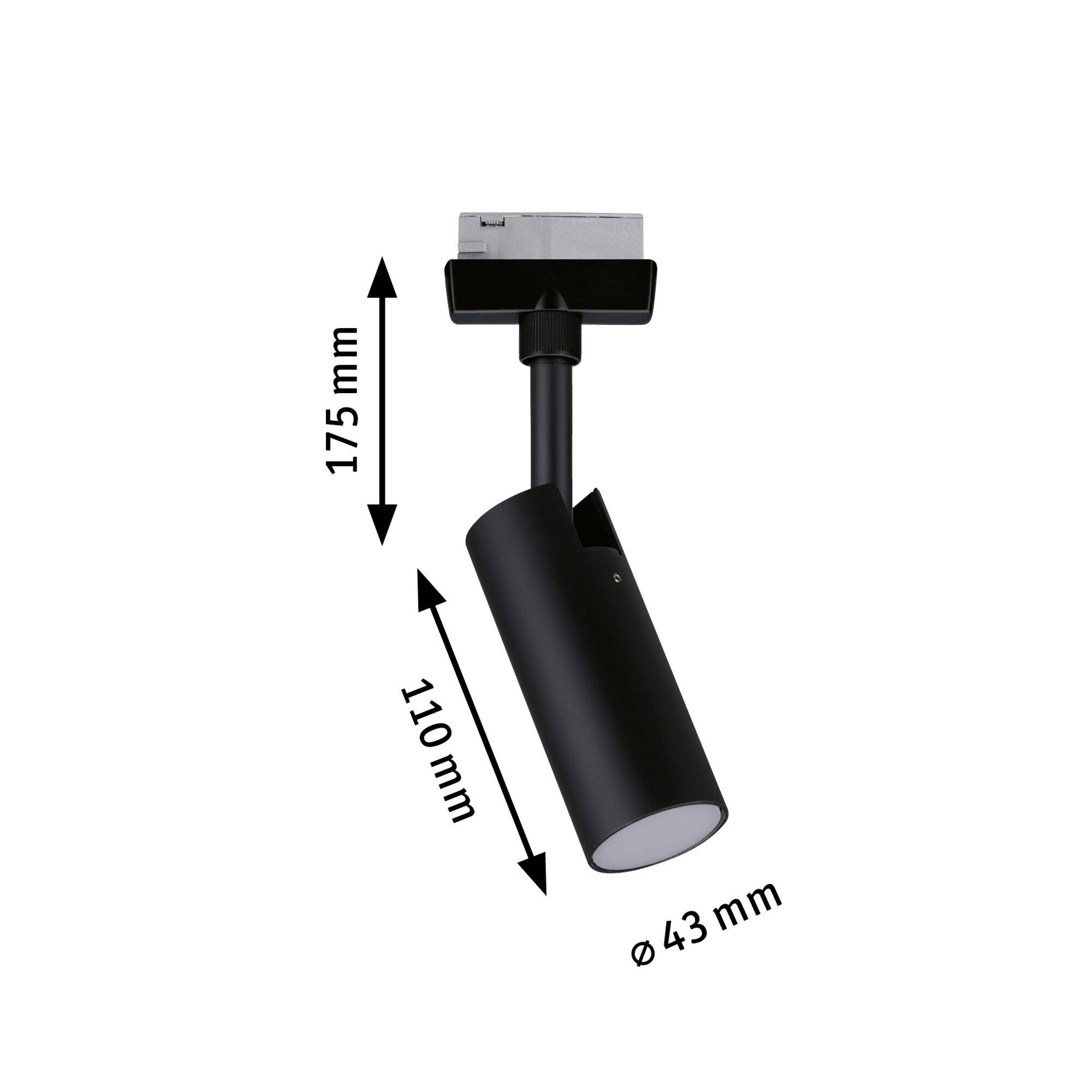 Crni cilindrični LED spotlight visine 175 mm, dužine 110 mm i promjera 43 mm, s montažnom归类.