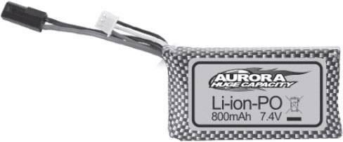 Baterija marke 'Aurora' kapaciteta 800mAh i 7,4V. Veliki natpis: 'Li-ion-PO'. Priključni utikač na kabelu. Vidljiv simbol upozorenja za bateriju.