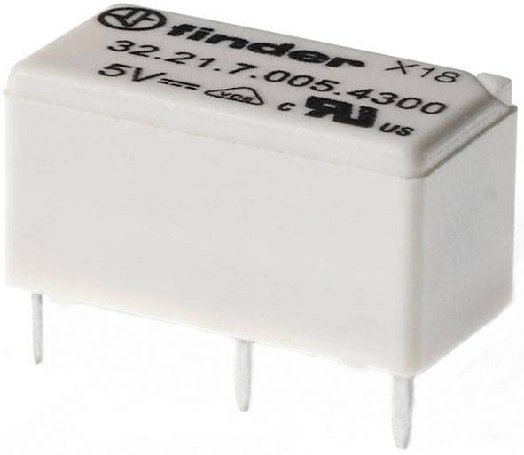 Releji s natpisom 'Finder X18, 32.21.7.005.4300, 5V'. Prikazuje logo proizvođača i električne specifikacije na vrhu kućišta releja.