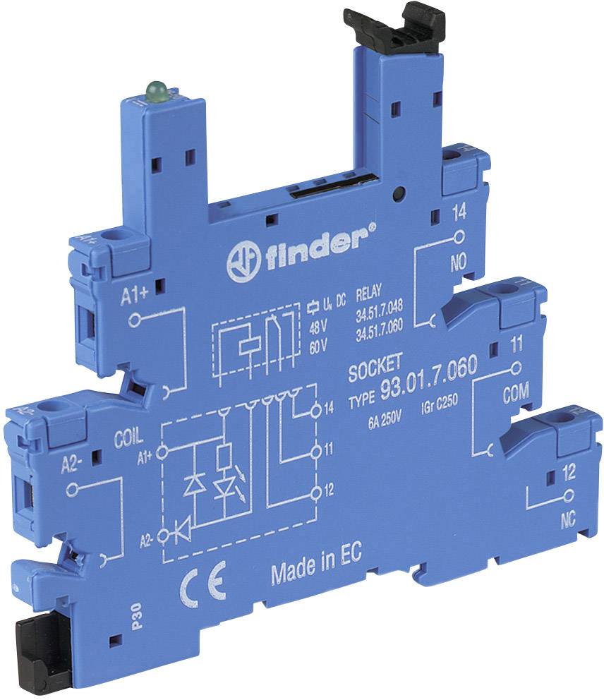 Plavi utični relej marke Finder, tip 93.01.7.060, za montažu na DIN šinu. Pogodan za primjene od 6A i 250V.