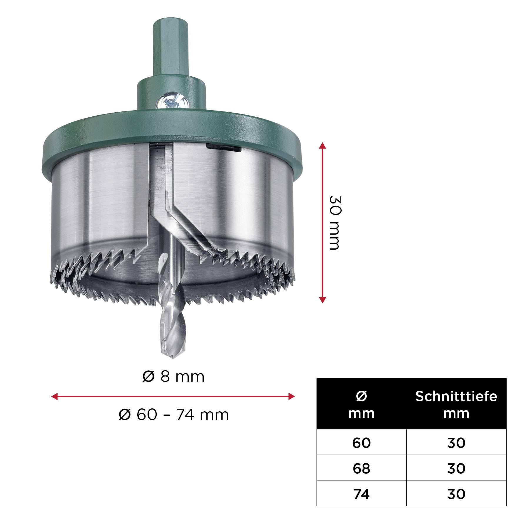 Kružni rezač promjera 60-74 mm i dubine reza 30 mm. Tablica prikazuje: 60 mm (D: 30 mm), 68 mm (D: 30 mm), 74 mm (D: 30 mm).