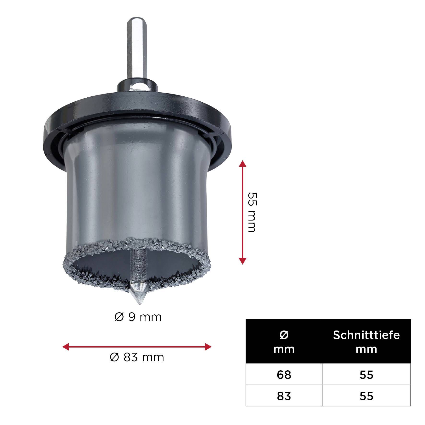 Kružna pila promjera 83 mm i dubine reza 55 mm. Tablica prikazuje dodatne veličine: promjer 68 mm s dubinom 55 mm, promjer 83 mm s dubinom 55 mm.