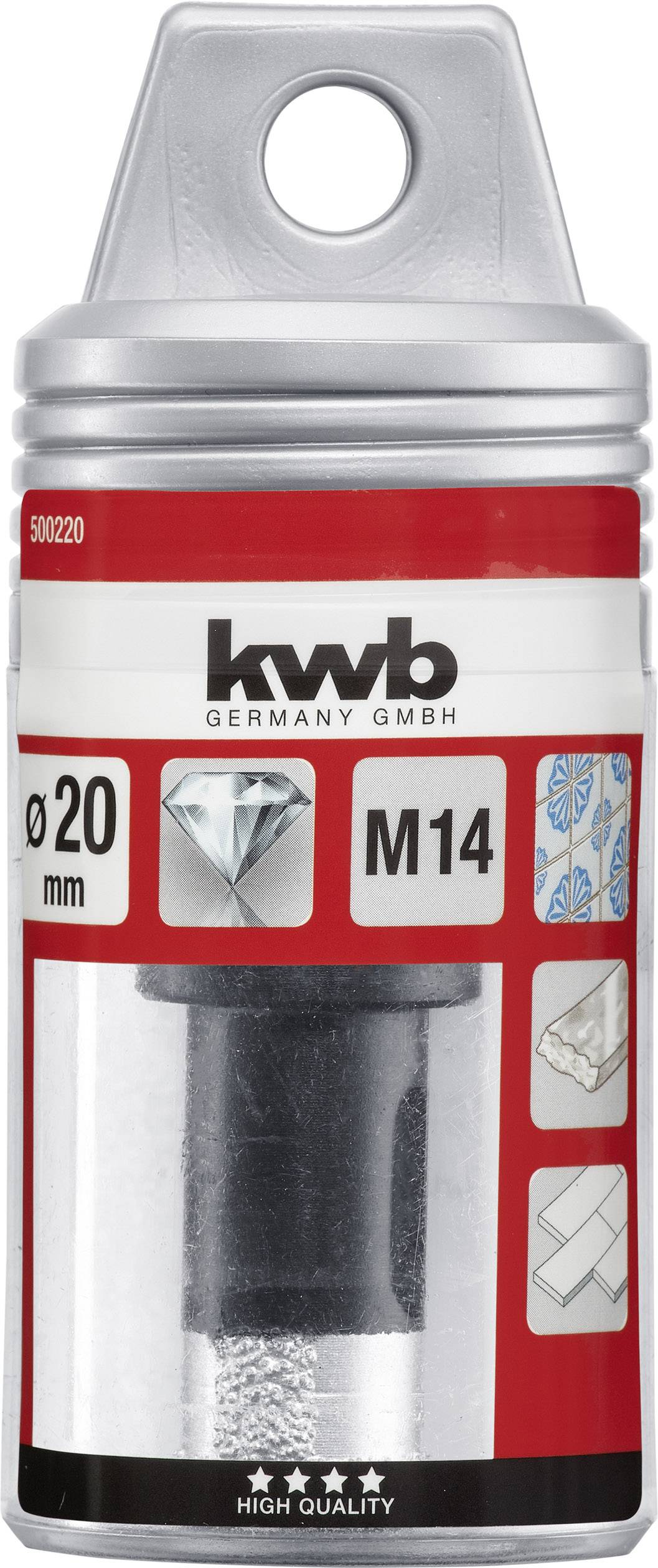 'Dijamantna kruna za bušenje 20 mm, M14, od kwb Germany GmbH-a, u pakiranju s prikazima bušenja pločica i kamenog materijala.'