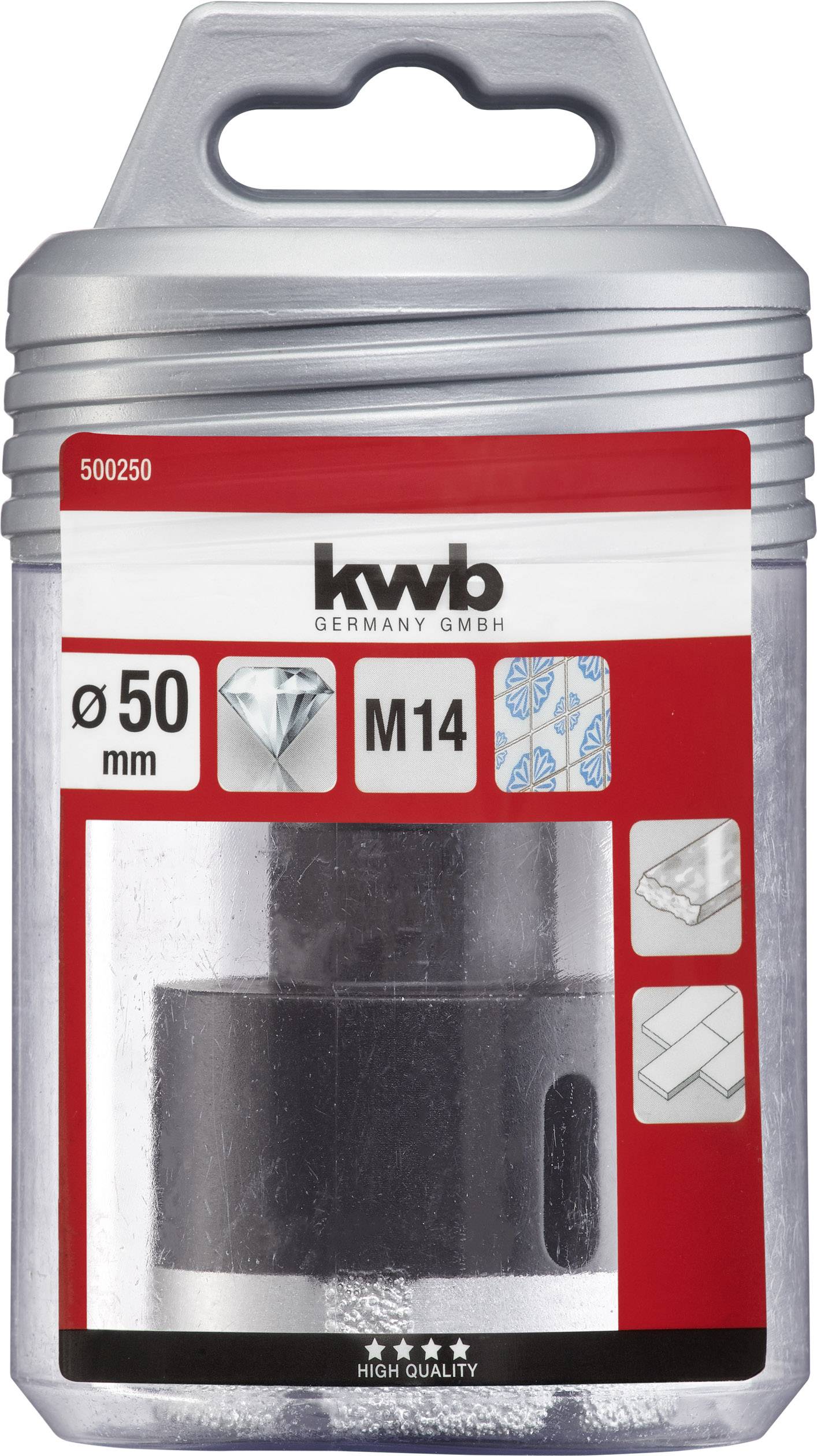 Bušač u pakiranju s logotipom 'kwb'. Promjer 50 mm, M14 navoj. Slika prikazuje svrdlo i primjene: staklo, pločice.