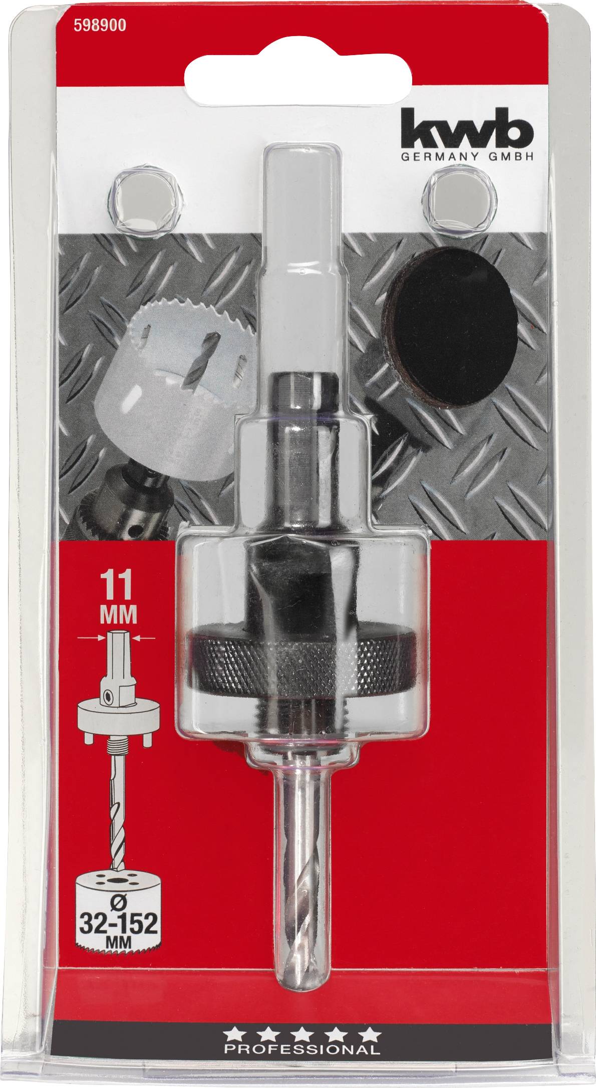 'Pakiranje za dijamantne kružne pile: Adapter i svrdlo vidljivi, za provrte od 11 mm. Logo marke gore desno. Napomena o kompatibilnim veličinama 32-152 mm.'