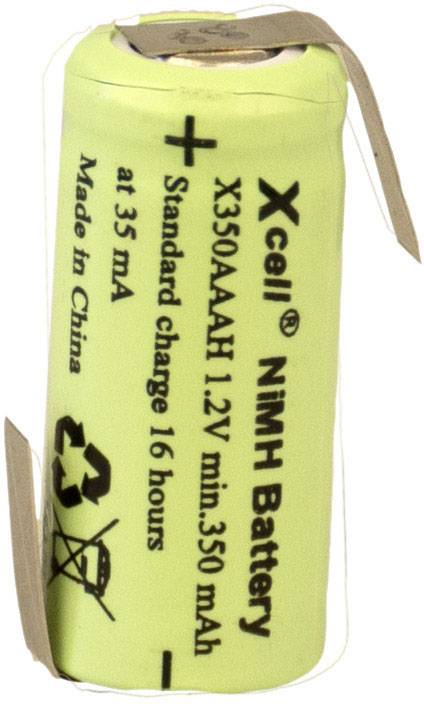 Zelena NiMH baterija 'Xcell 1,2V', kapaciteta 350 mAh, model X350AAAH, s simbolom za recikliranje i uputama za punjenje.