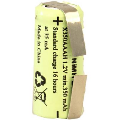 Punjiva NiMH baterija, 1,2V, 350mAh, proizvedena u Kini, s napomenom o standardnom punjenju u trajanju od 16 sati pri 35mA.