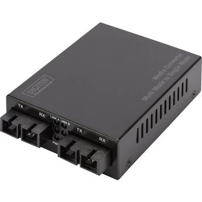 Crni medijski pretvarač s natpisom 'Media Converter Multi Mode to Single Mode' i priključcima za TX, RX.