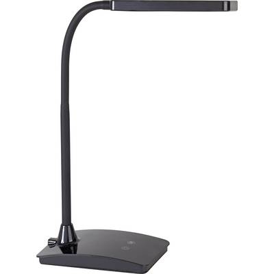 Crna LED stolna lampa s fleksibilnim vratom i pravokutnom glavom svjetla na kvadratnoj bazi. Idealna za radne stolove.