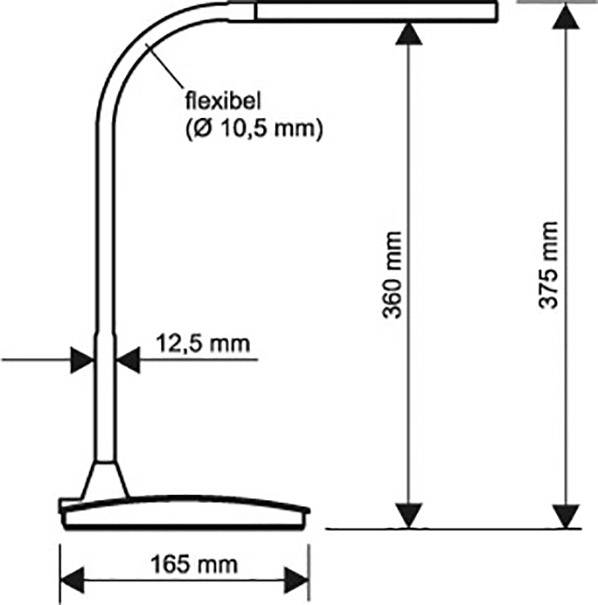 Shema podesive lampe s mjerama. Fleksibilna ruka: promjer 10,5 mm, visina 360 mm. Ukupna visina: 375 mm, širina baze: 165 mm, debljina ruke: 12,5 mm.