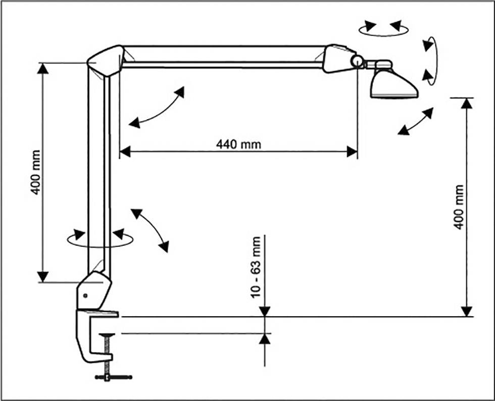 Podesivi zglob sa stezaljkom. Dimenzije: 440 mm dužine, 400 mm visine. Rotacijski pokreti na svim zglobovima.