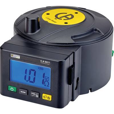 Digitalni uređaj za mjerenje otpora s plavim zaslonom prikazuje '1.01 Ω'. Kućište je crno s žutim logotipom.