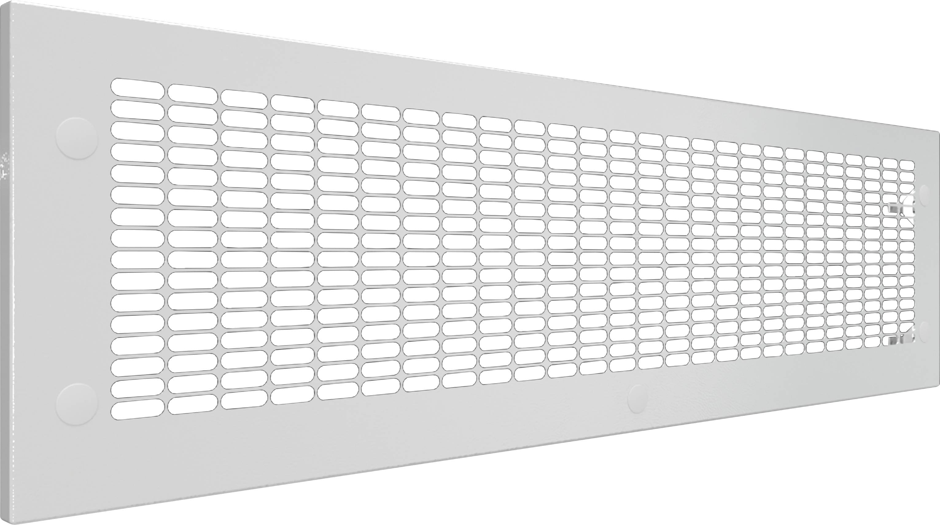 Bijela ventilacijska rešetka izrađena od metala s izduženim otvorima, podesna za ventilacijske sustave.