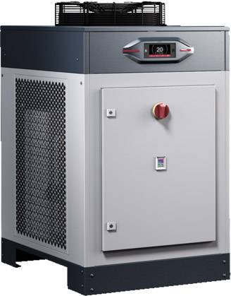 Industrijska toplinska pumpa sa sivim kućištem i digitalnim zaslonom prikazuje temperaturu. Gore se nalazi ventilacijska rešetka.