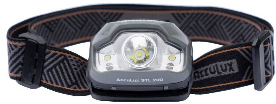 Čeona svjetiljka s podesivom trakom, model 'AccuLux STL 200', koja sjaji jako u sredini s dvije male bočne lampice.