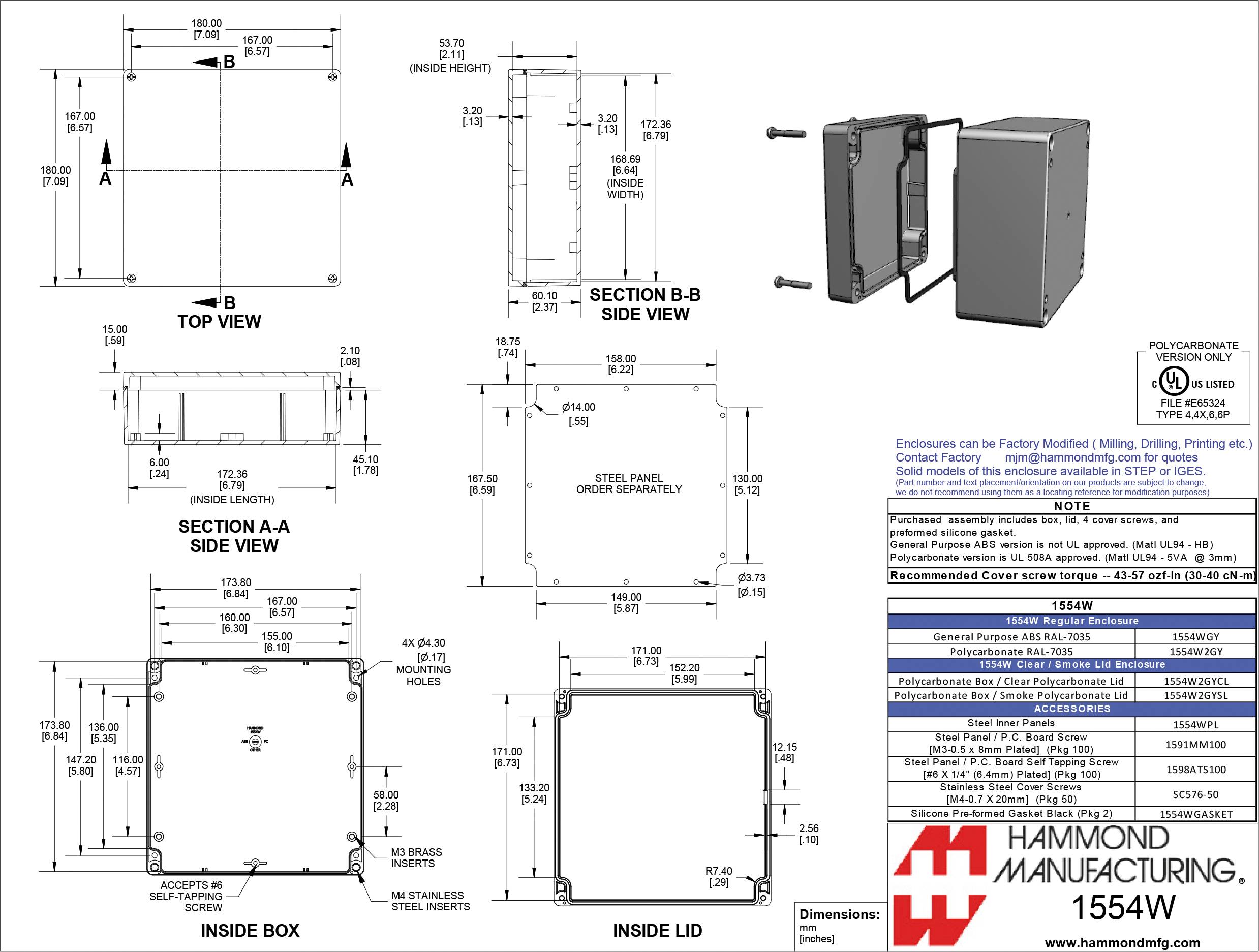 Tehnički crtež pravokutnog kućišta s dimenzijama, pogledima i detaljima za montažu. Proizvođač: Hammond Manufacturing.