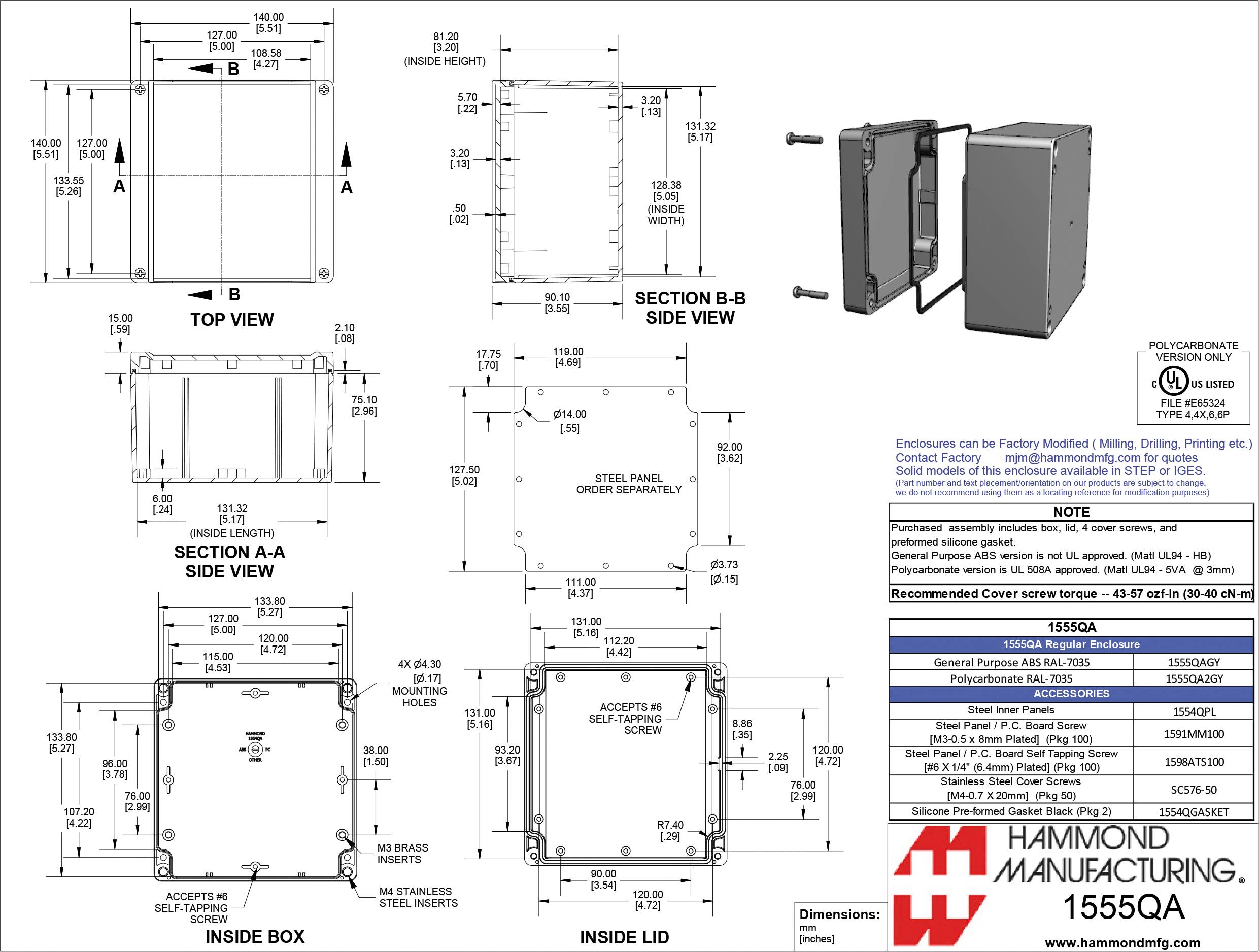 Tehnički nacrt metalnog kućišta tvrtke Hammond Manufacturing, model 1555QA, s dimenzijama, pogledima i presjecima.