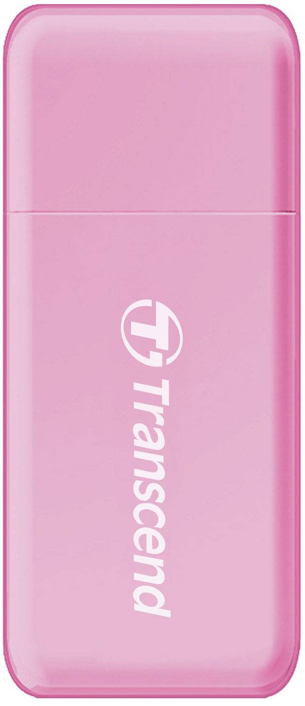 Rozi USB stick s logom i natpisom 'Transcend' u bijeloj boji na prednjoj strani.
