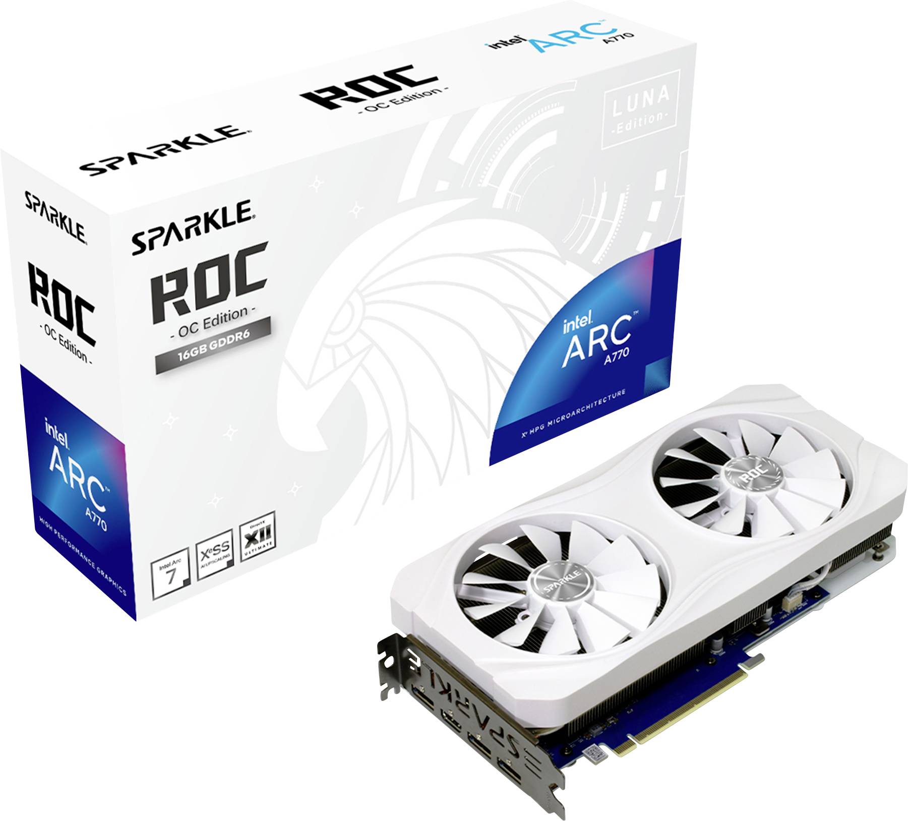 Grafička kartica Sparkle ROC Intel Arc A770 OC Edition s 16 GB GDDR6 memorije i dva ventilatora, prikazana pored maloprodajne ambalaže.