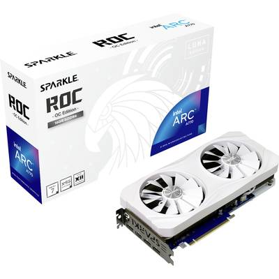Grafička kartica Sparkle ROC Intel Arc A770 OC Edition s 16 GB GDDR6 memorije i dva ventilatora, prikazana pored maloprodajne ambalaže.