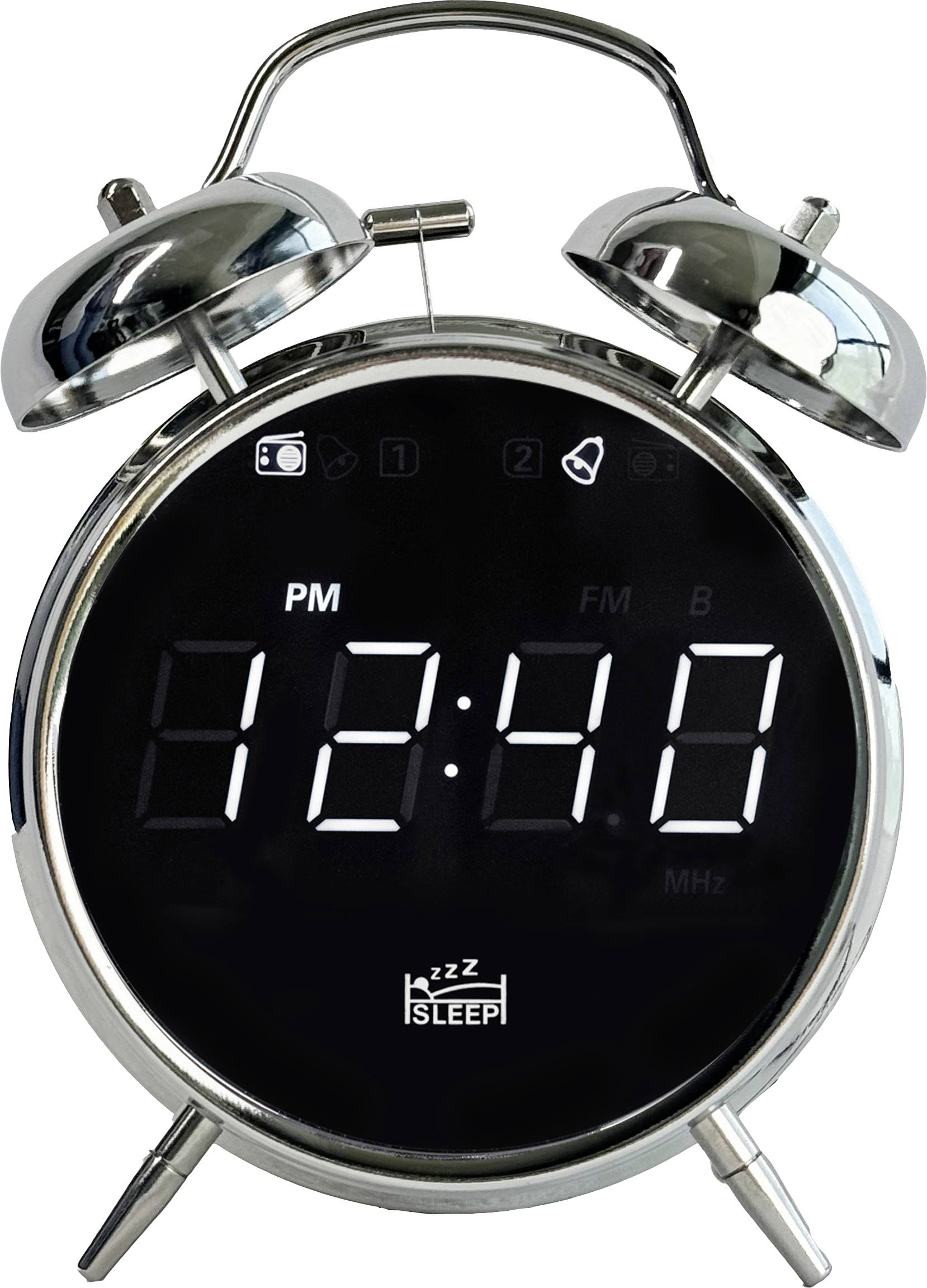 Srebrni, nostalgični sat s digitalnim zaslonom pokazuje vrijeme 12:40. Gore se nalaze dvije zvona za alarm.