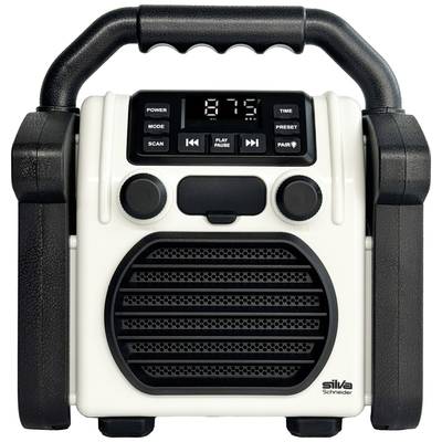 Prijenosni radio s digitalnim zaslonom koji prikazuje 87,5 MHz. Upravljačke tipke za odabir postaje i glasnoću. Robustan, s ručkom za nošenje.