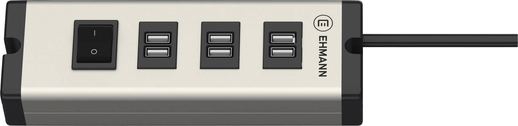 Višestruka utičnica sa prekidačem i četiri USB priključka, srebrno kućište, crni kabel; marka 'Ehmann' desno pored priključaka.