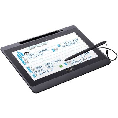 Elektronički tablet za potpis s prikazom zaslona koji prikazuje registracijski obrazac za izmišljeni grad. Priložena olovka za unos.