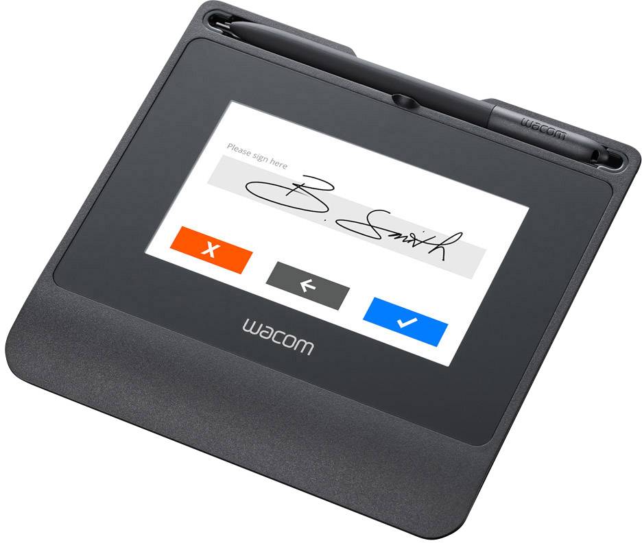 Elektronički potpis uređaj s pisaljkom i digitalnim potpisom na zaslonu te tri gumba za odabir.