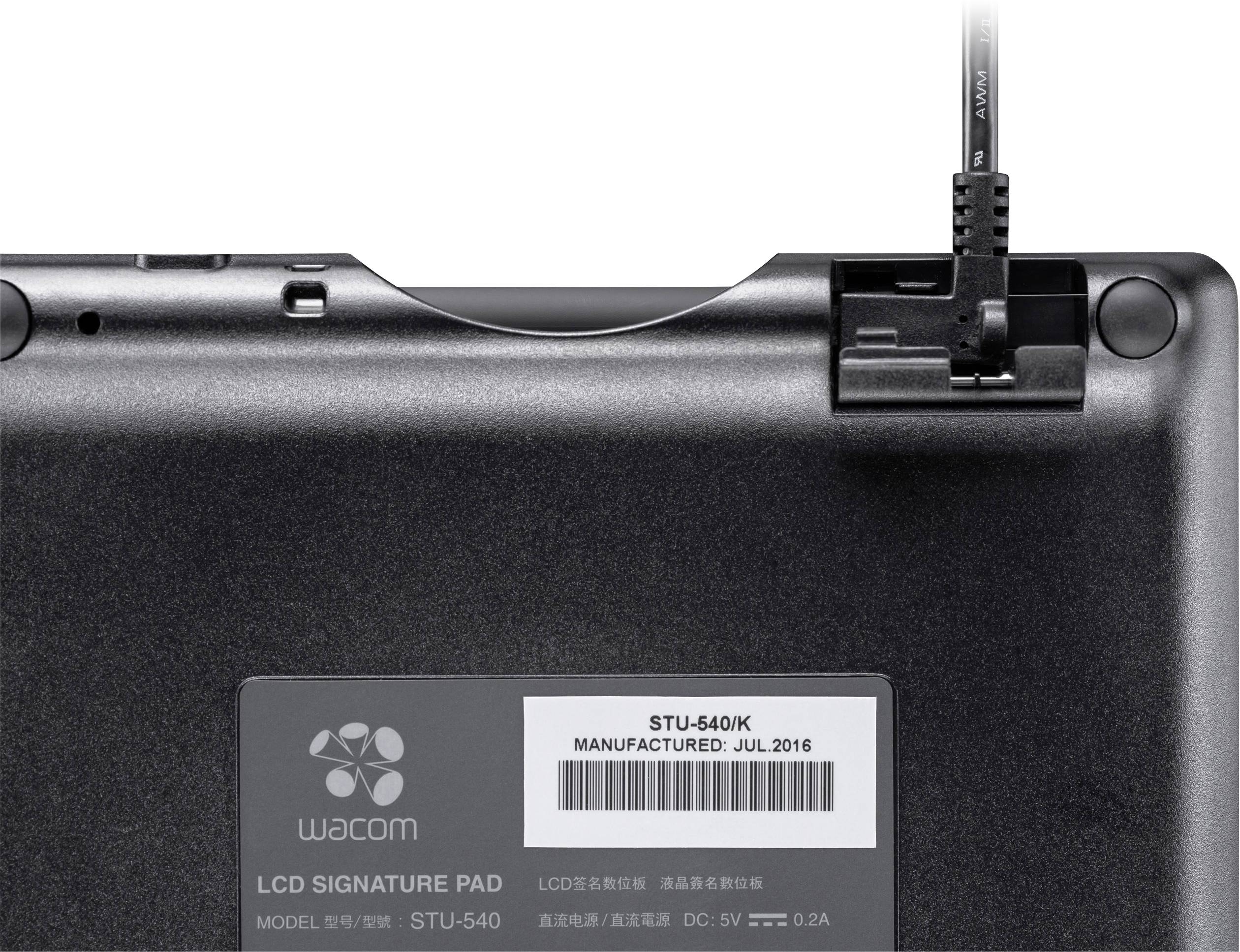 Stražnja strana Wacom LCD uređaja za potpis, model STU-540, s priključkom za kabel. Datum proizvodnje srpanj 2016.
