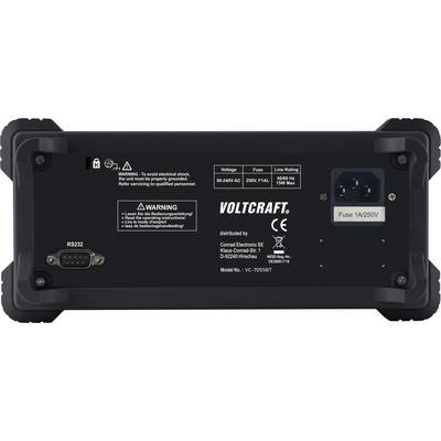 Stražnja strana elektroničkog uređaja Voltcraft s opcijama priključaka, sigurnosnim upozorenjima i tehničkim specifikacijama.