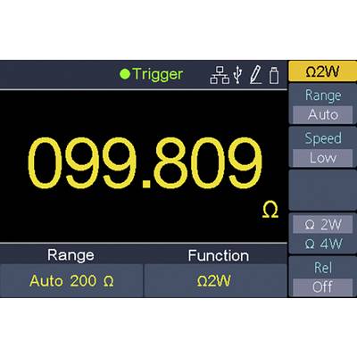 Slika digitalnog mjernog uređaja. Zaslon prikazuje '099.809 Ω'. Na gornjem rubu zaslona: 'Okidač', bočne opcije: 'Raspon', 'Brzina', 'Rel'.