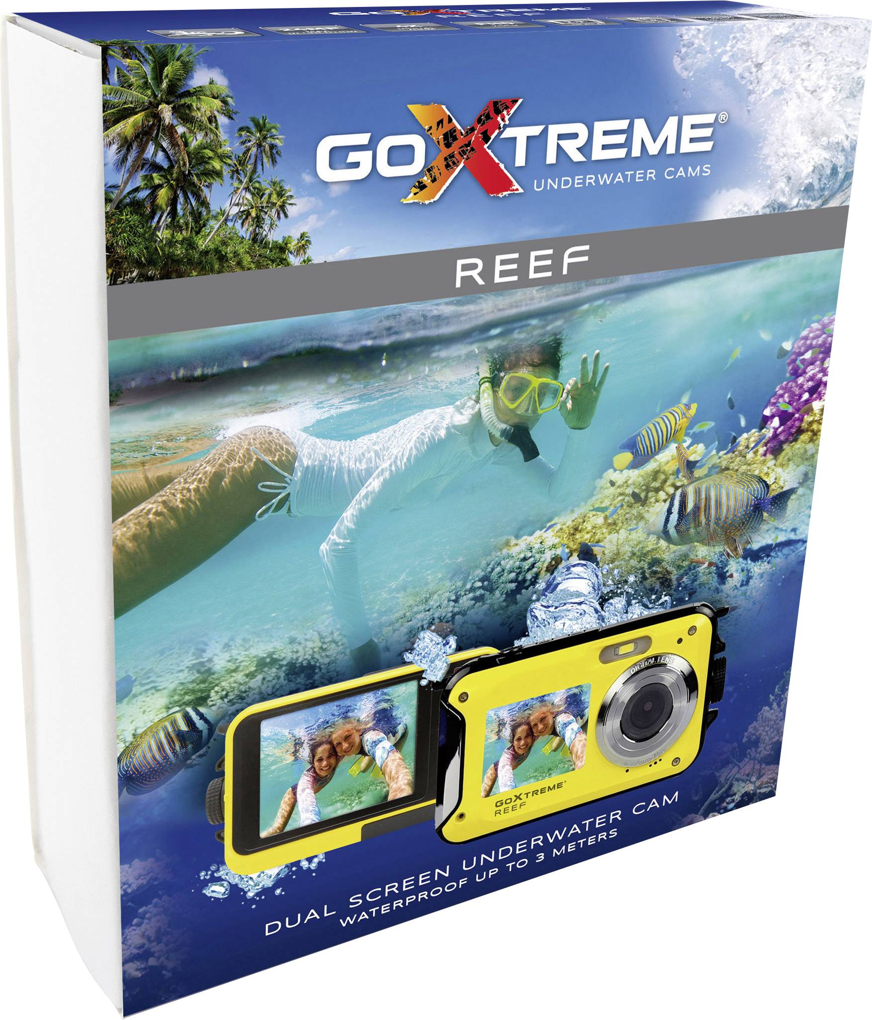 Ambalaža podvodne kamere pod nazivom 'GoXtreme Reef', prikazuje osobu koja veslačkim stilom pliva (snorkla) i ribe, kamera vodootporna do 3 metra dubine.