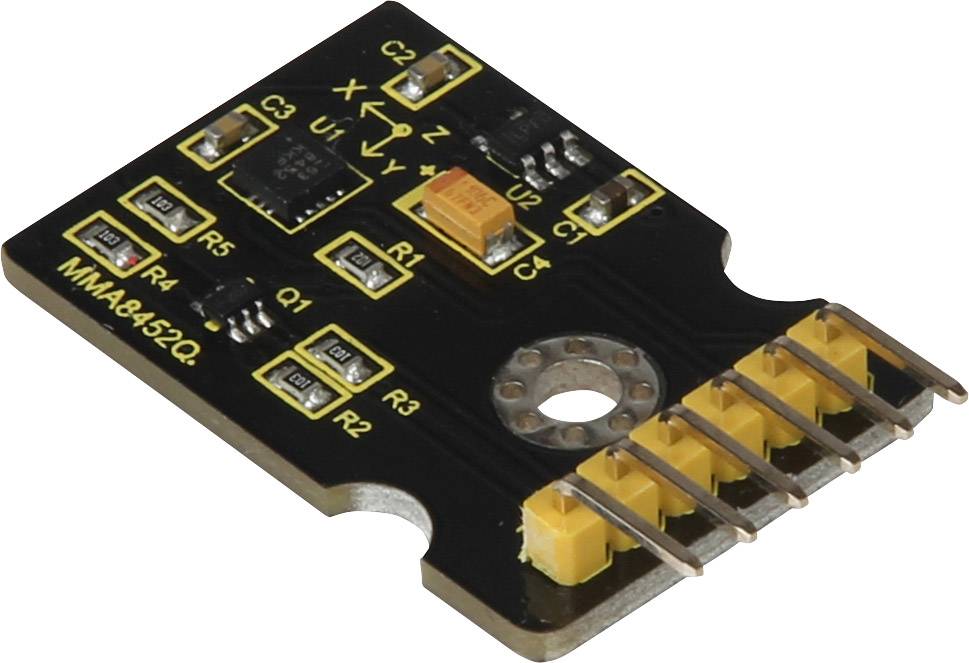 Elektronički senzor s oznakom 'MMA8452Q', priključcima i nekoliko komponenata na tisknoj pločici.
