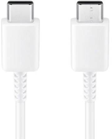 Bijeli USB-C na USB-C kabel s dva priključka koji omogućavaju prijenos podataka i napajanje.