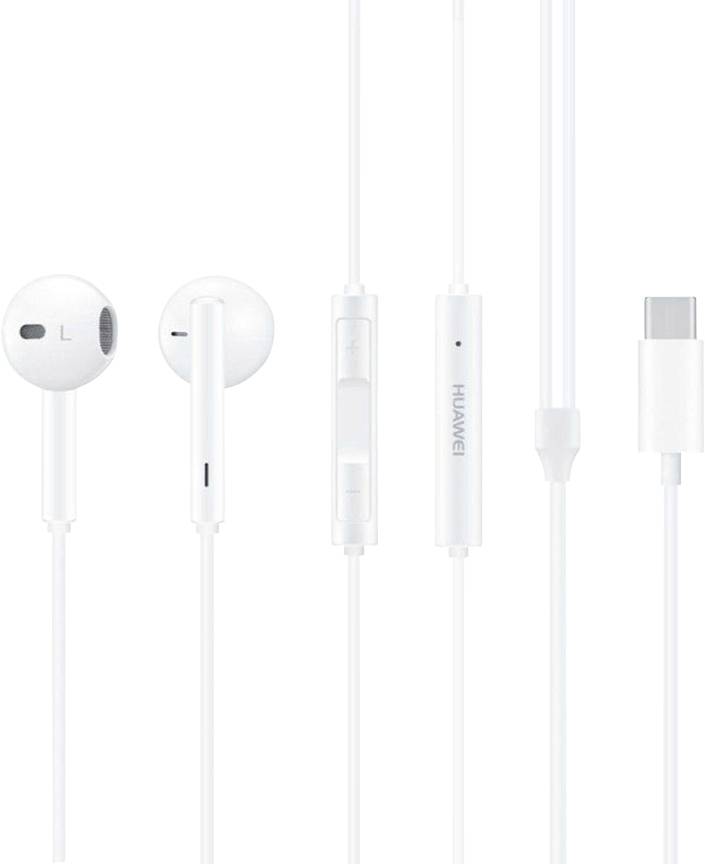 Bijele žičane slušalice s USB-C priključkom, ugrađenim mikrofonom i kontrolom glasnoće. Pogodne za Huawei uređaje.