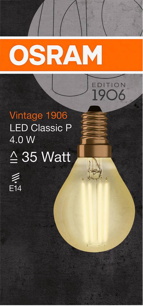 'OSRAM Vintage 1906 LED Classic P 4,0 W, odgovara 35 W, E14 podnožje. Izdanje 1906. Prikaz žarulje.'
